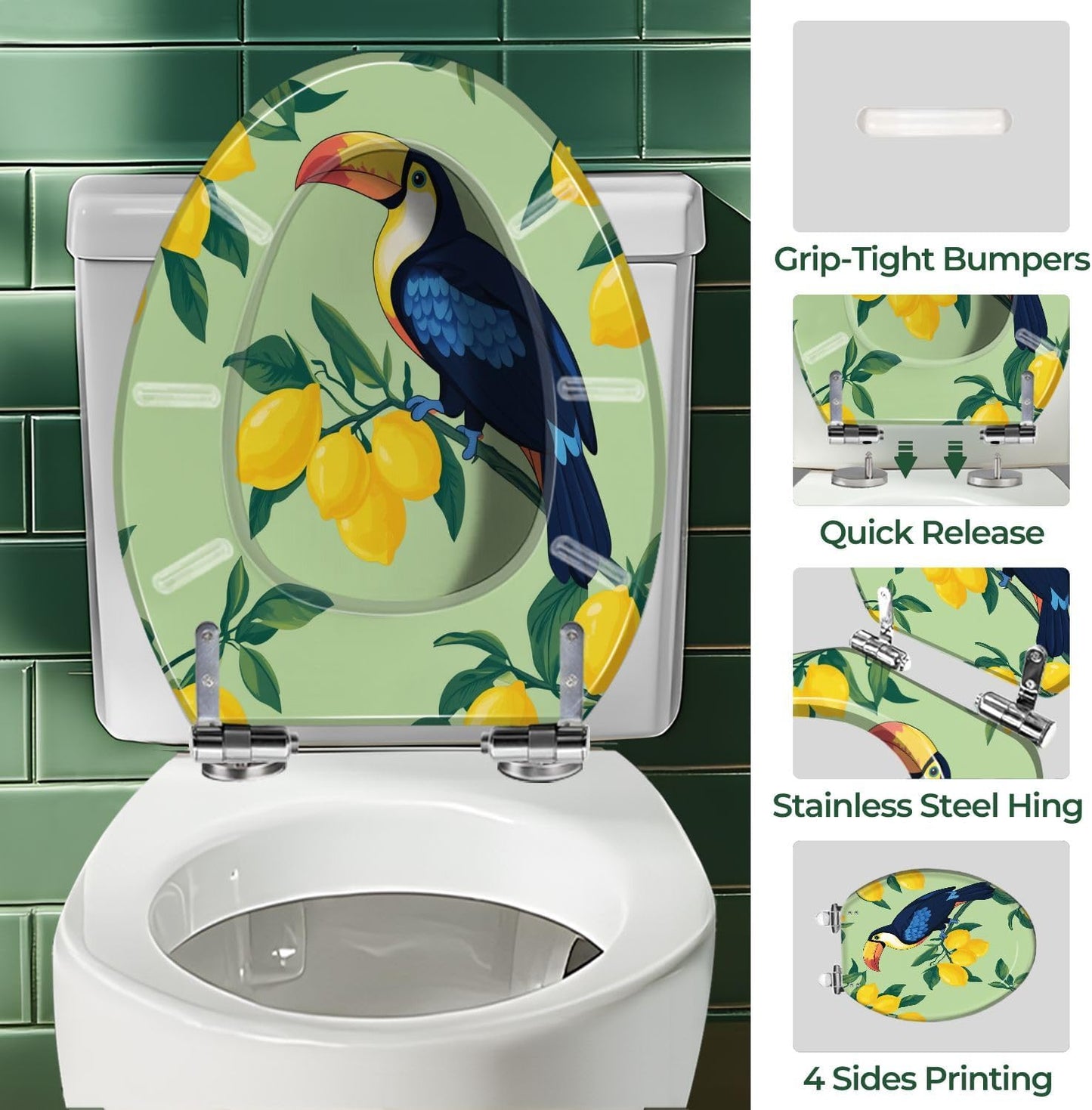 Blue Bird Fresh Lemon Elongated Toilet Seat with Decorative Printed Lid | hardware sets included; measure first.