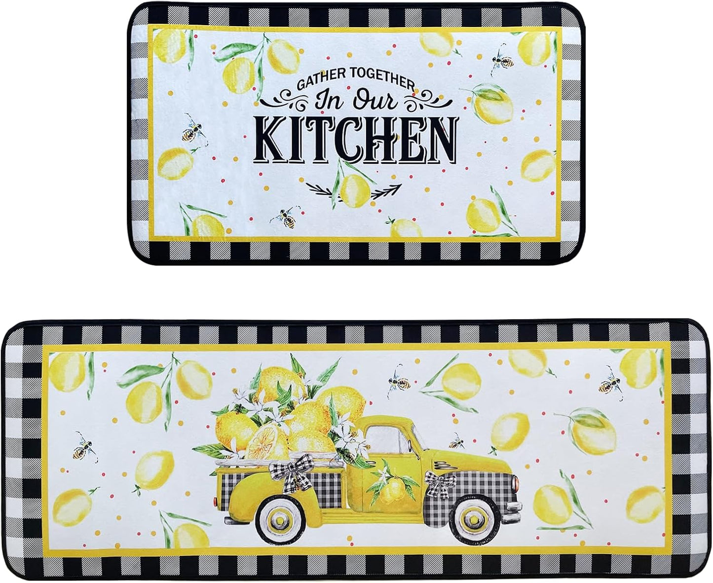 Voanos Lemon Kitchen Rugs,Non Skid Washable Microfiber mats for Kitchen Floor, Lemon Truck Theme Kitchen Cushioned Runner Rug Decor Sets of 2 Pieces,17"x 47"+17"x 30"