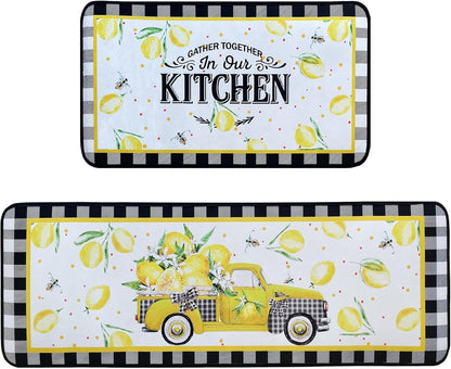 Voanos Lemon Kitchen Rugs,Non Skid Washable Microfiber mats for Kitchen Floor, Lemon Truck Theme Kitchen Cushioned Runner Rug Decor Sets of 2 Pieces,17"x 47"+17"x 30"