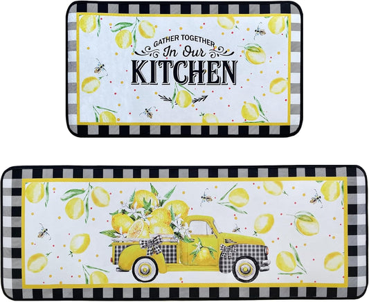 Voanos Lemon Kitchen Rugs,Non Skid Washable Microfiber mats for Kitchen Floor, Lemon Truck Theme Kitchen Cushioned Runner Rug Decor Sets of 2 Pieces,17"x 47"+17"x 30"