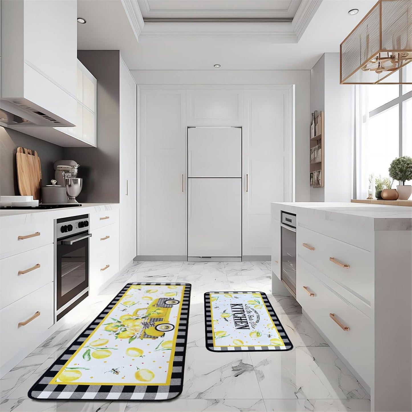 Voanos Lemon Kitchen Rugs,Non Skid Washable Microfiber mats for Kitchen Floor, Lemon Truck Theme Kitchen Cushioned Runner Rug Decor Sets of 2 Pieces,17"x 47"+17"x 30"