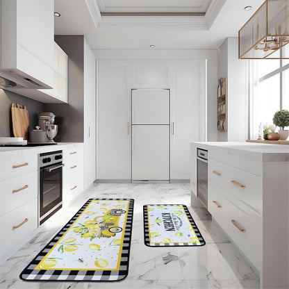 Voanos Lemon Kitchen Rugs,Non Skid Washable Microfiber mats for Kitchen Floor, Lemon Truck Theme Kitchen Cushioned Runner Rug Decor Sets of 2 Pieces,17"x 47"+17"x 30"