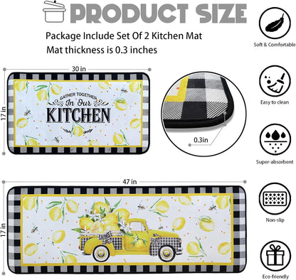Voanos Lemon Kitchen Rugs,Non Skid Washable Microfiber mats for Kitchen Floor, Lemon Truck Theme Kitchen Cushioned Runner Rug Decor Sets of 2 Pieces,17"x 47"+17"x 30"
