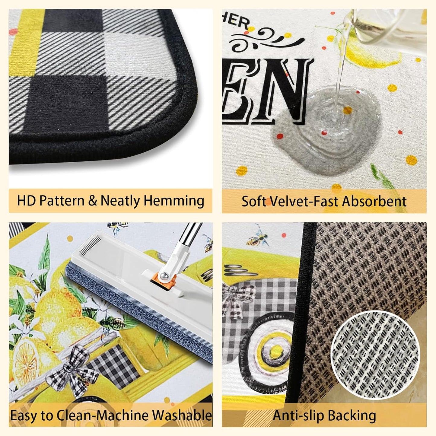 Voanos Lemon Kitchen Rugs,Non Skid Washable Microfiber mats for Kitchen Floor, Lemon Truck Theme Kitchen Cushioned Runner Rug Decor Sets of 2 Pieces,17"x 47"+17"x 30"