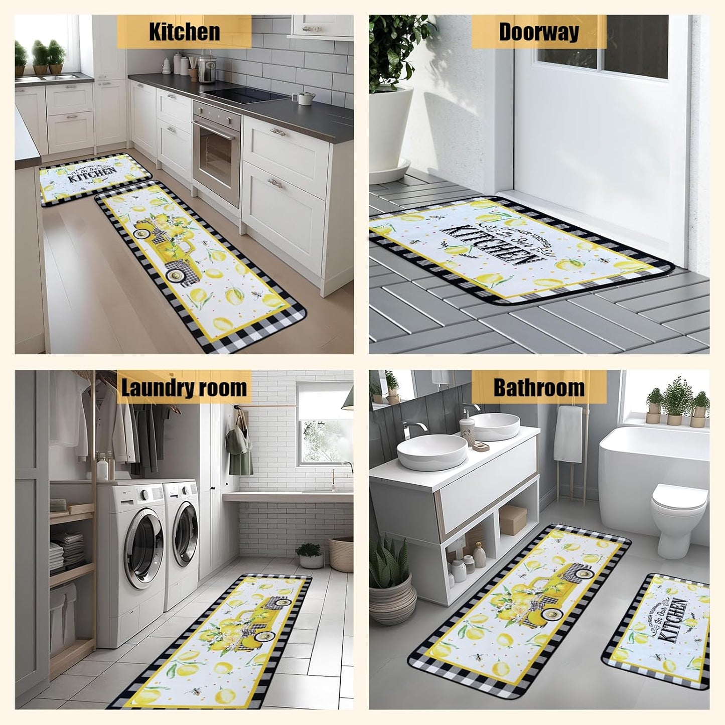 Voanos Lemon Kitchen Rugs,Non Skid Washable Microfiber mats for Kitchen Floor, Lemon Truck Theme Kitchen Cushioned Runner Rug Decor Sets of 2 Pieces,17"x 47"+17"x 30"
