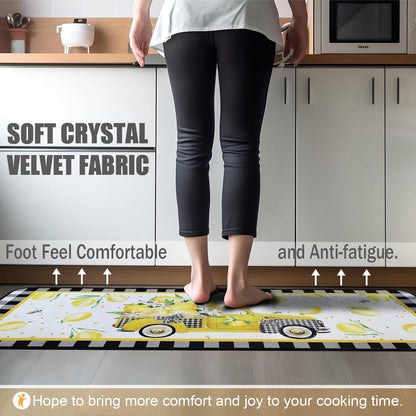 Voanos Lemon Kitchen Rugs,Non Skid Washable Microfiber mats for Kitchen Floor, Lemon Truck Theme Kitchen Cushioned Runner Rug Decor Sets of 2 Pieces,17"x 47"+17"x 30"