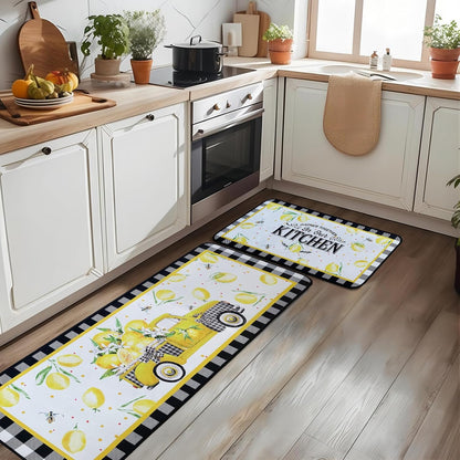 Voanos Lemon Kitchen Rugs,Non Skid Washable Microfiber mats for Kitchen Floor, Lemon Truck Theme Kitchen Cushioned Runner Rug Decor Sets of 2 Pieces,17"x 47"+17"x 30"
