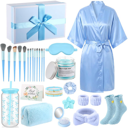 15 Pcs Birthday Gifts for Women Robe Sets for Women Spa Basket Set Graduation Gifts Bath Robe Make up Brushes Scented Candle Fluffy Socks Coffee Cup for Mom Nurse Girlfriend Wife(Yellow)