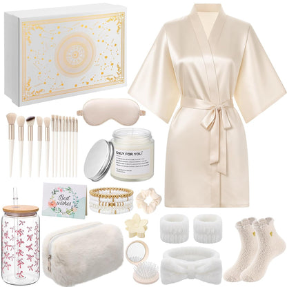 15 Pcs Birthday Gifts for Women Robe Sets for Women Spa Basket Set Graduation Gifts Bath Robe Make up Brushes Scented Candle Fluffy Socks Coffee Cup for Mom Nurse Girlfriend Wife(Yellow)