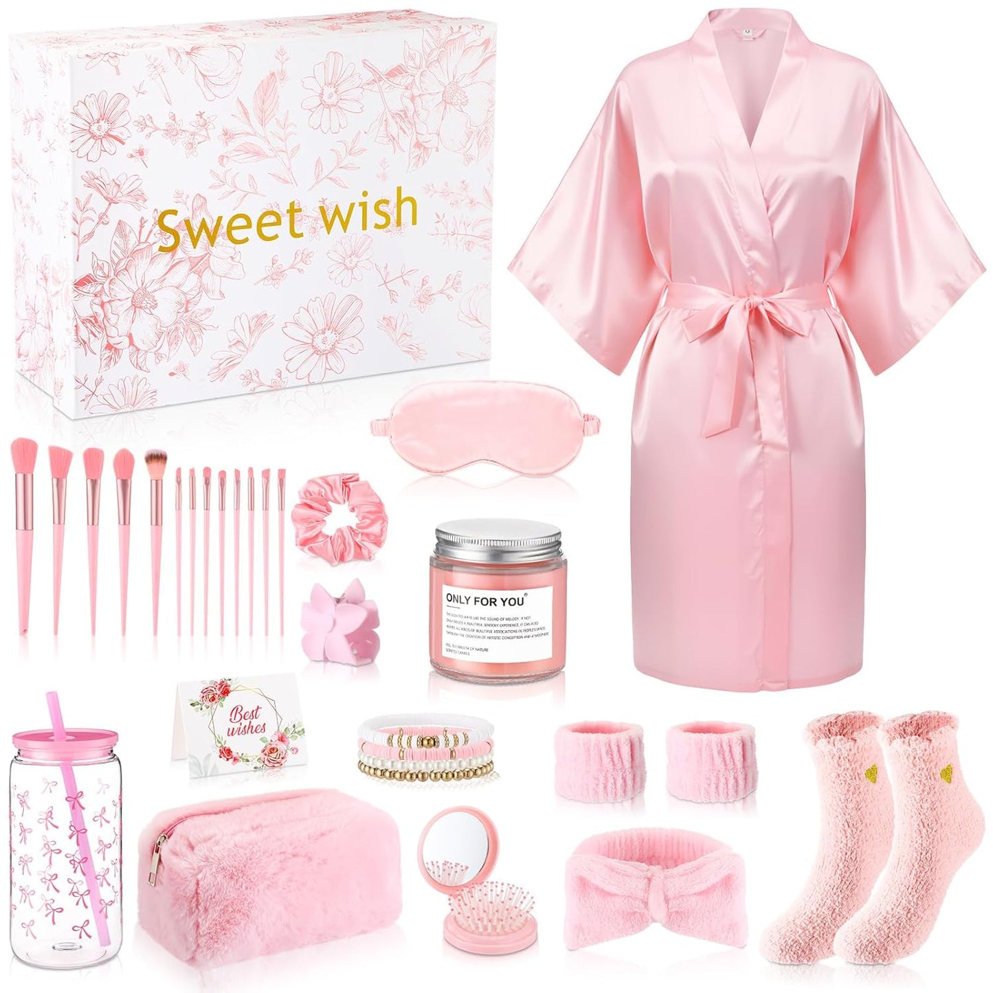 15 Pcs Birthday Gifts for Women Robe Sets for Women Spa Basket Set Graduation Gifts Bath Robe Make up Brushes Scented Candle Fluffy Socks Coffee Cup for Mom Nurse Girlfriend Wife(Yellow)
