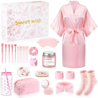 15 Pcs Birthday Gifts for Women Robe Sets for Women Spa Basket Set Graduation Gifts Bath Robe Make up Brushes Scented Candle Fluffy Socks Coffee Cup for Mom Nurse Girlfriend Wife(Yellow)