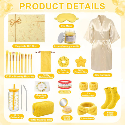 15 Pcs Birthday Gifts for Women Robe Sets for Women Spa Basket Set Graduation Gifts Bath Robe Make up Brushes Scented Candle Fluffy Socks Coffee Cup for Mom Nurse Girlfriend Wife(Yellow)