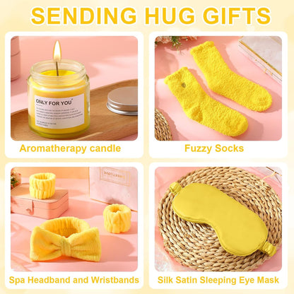 15 Pcs Birthday Gifts for Women Robe Sets for Women Spa Basket Set Graduation Gifts Bath Robe Make up Brushes Scented Candle Fluffy Socks Coffee Cup for Mom Nurse Girlfriend Wife(Yellow)