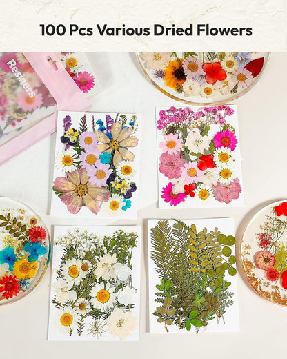 Dried Flowers, 100Pcs Pressed Flowers for Craft | Real Natural Dried Flowers Dry Leaves Kit for DIY Making Crafts Resin Soap Candle Scrapbook Supplies Card Making Jewelry