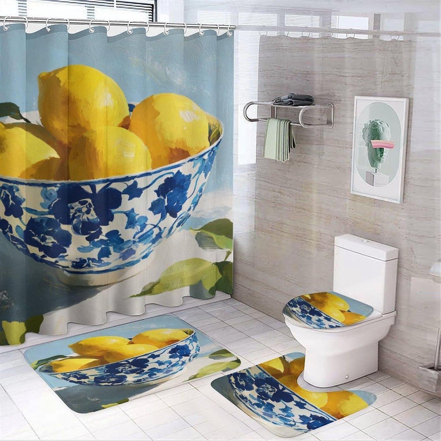 4 Piece Bath Set Yellow Lemons Bathroom Curtain Sets Lemon Gifts Lemons Decor with Toilet Lid Cover and U Rug Set Shower Curtain Bathroom Decor with 12 Hooks 72 X 72 Inches
