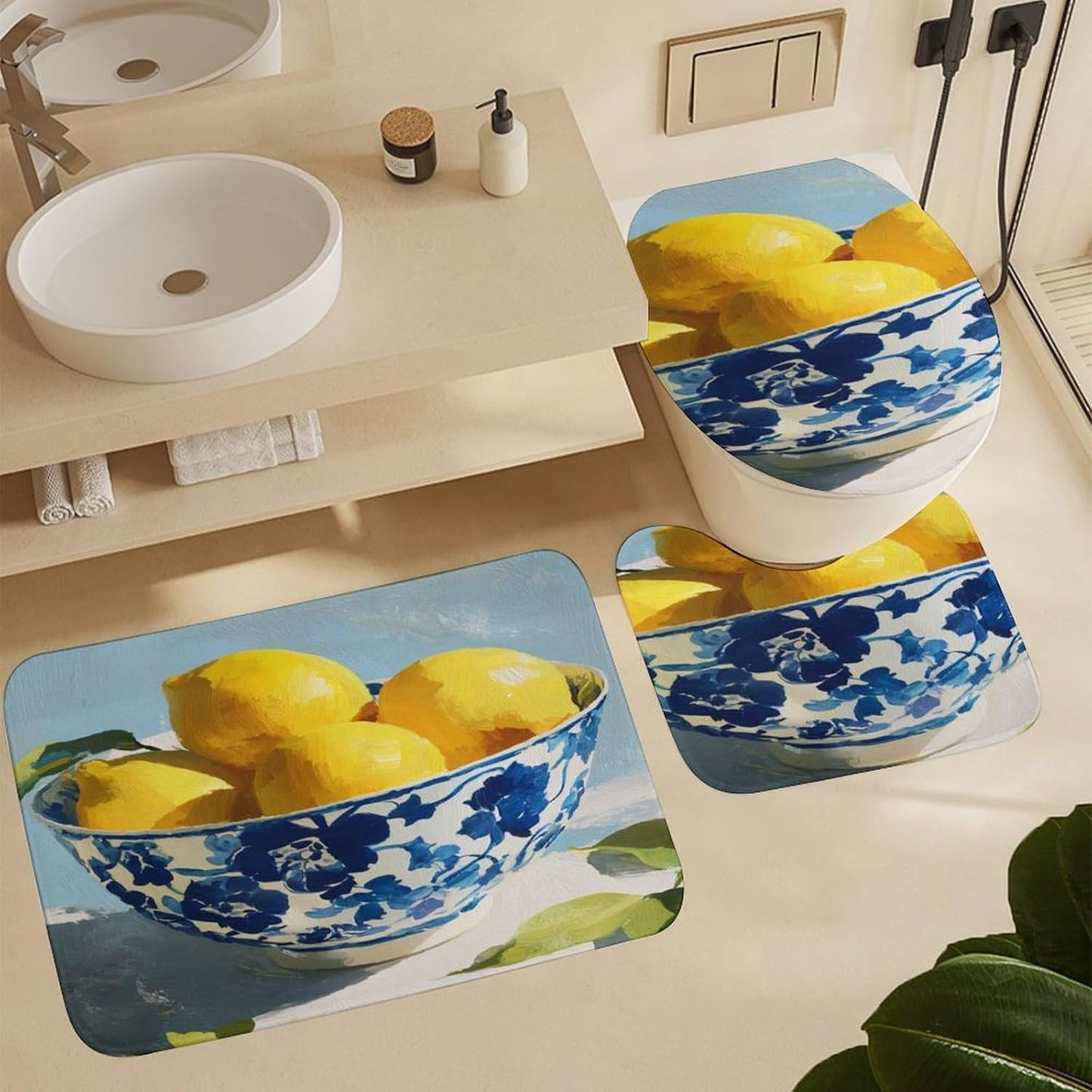 4 Piece Bath Set Yellow Lemons Bathroom Curtain Sets Lemon Gifts Lemons Decor with Toilet Lid Cover and U Rug Set Shower Curtain Bathroom Decor with 12 Hooks 72 X 72 Inches