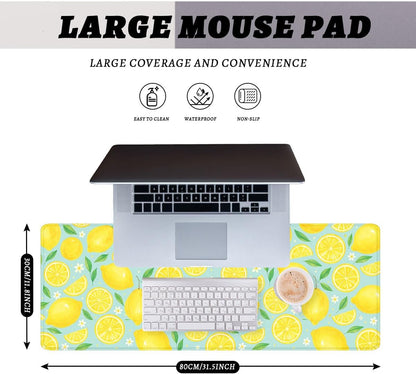 Lemon Desk Pad Mouse Pad Summer Yellow Watercolor Fruit Extended Gaming Mouse Pad Mat with Stitched Edge Non-Slip Base Big Mousepad 31.5"x11.8"