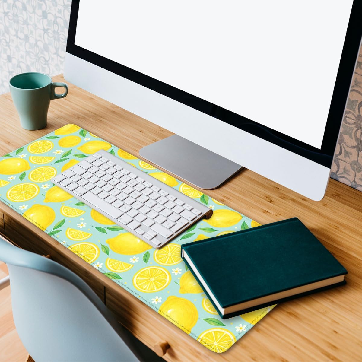 Lemon Desk Pad Mouse Pad Summer Yellow Watercolor Fruit Extended Gaming Mouse Pad Mat with Stitched Edge Non-Slip Base Big Mousepad 31.5"x11.8"