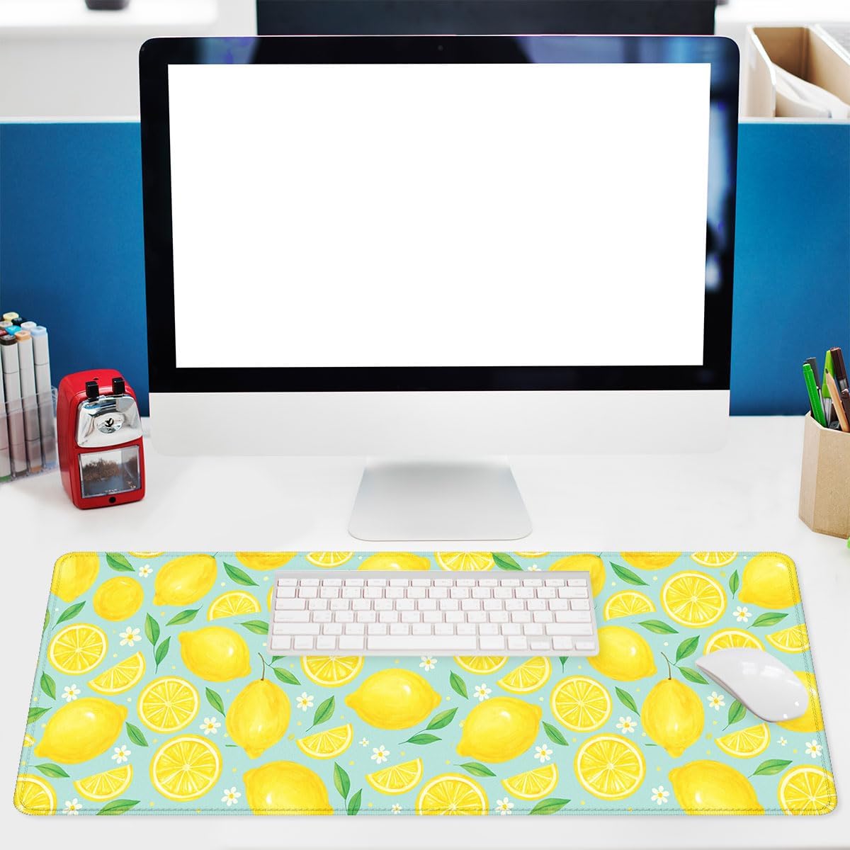 Lemon Desk Pad Mouse Pad Summer Yellow Watercolor Fruit Extended Gaming Mouse Pad Mat with Stitched Edge Non-Slip Base Big Mousepad 31.5"x11.8"