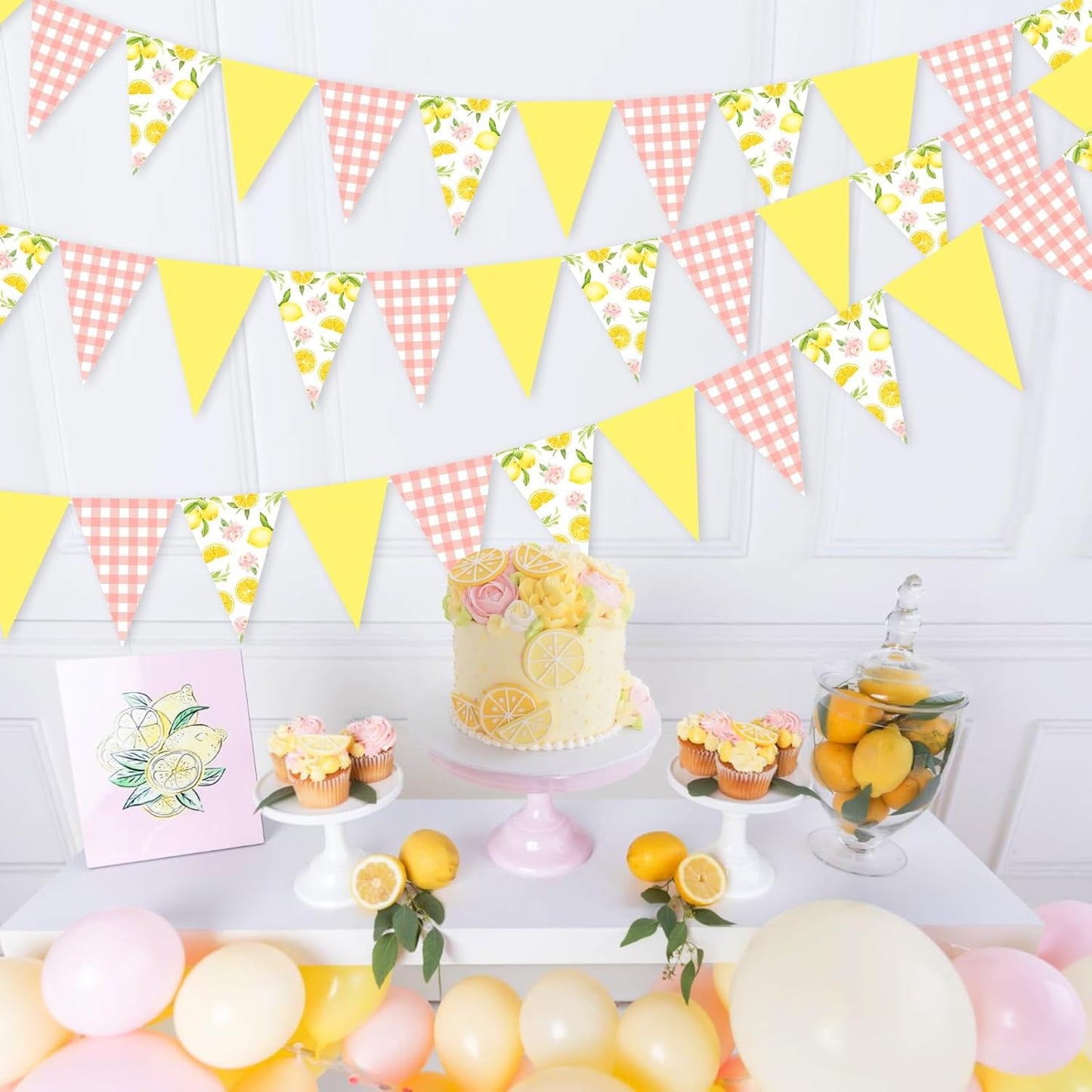 Lemon Party Decorations - 3PCS Lemon Bunting Banners, Pink and Yellow Lemon Triangle Banner Garland for Lemonade Wedding Engagement Bridal Shower Bachelorette Baby Shower Birthday Party Decor