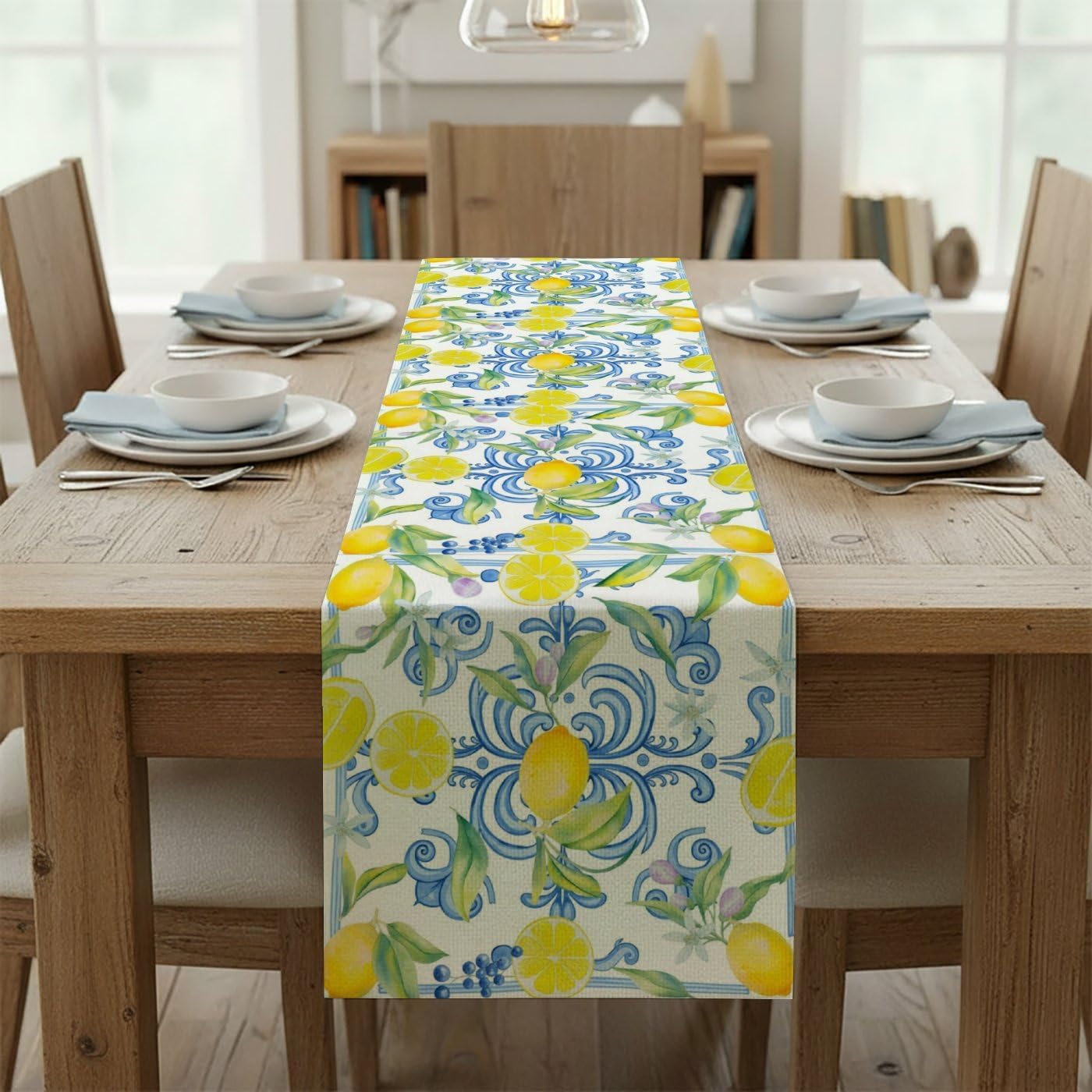 Blue Lemons Flowers Italian Summer Table Runner Dresser Scarves and Runners Short Table Runners Spring Decorations Spring Theme Kitchen Decor for Home Party Decor 70 × 13 inch