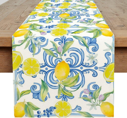 Blue Lemons Flowers Italian Summer Table Runner Dresser Scarves and Runners Short Table Runners Spring Decorations Spring Theme Kitchen Decor for Home Party Decor 70 × 13 inch