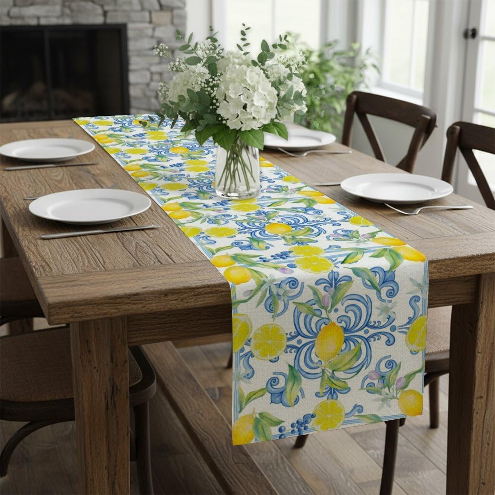 Blue Lemons Flowers Italian Summer Table Runner Dresser Scarves and Runners Short Table Runners Spring Decorations Spring Theme Kitchen Decor for Home Party Decor 70 × 13 inch