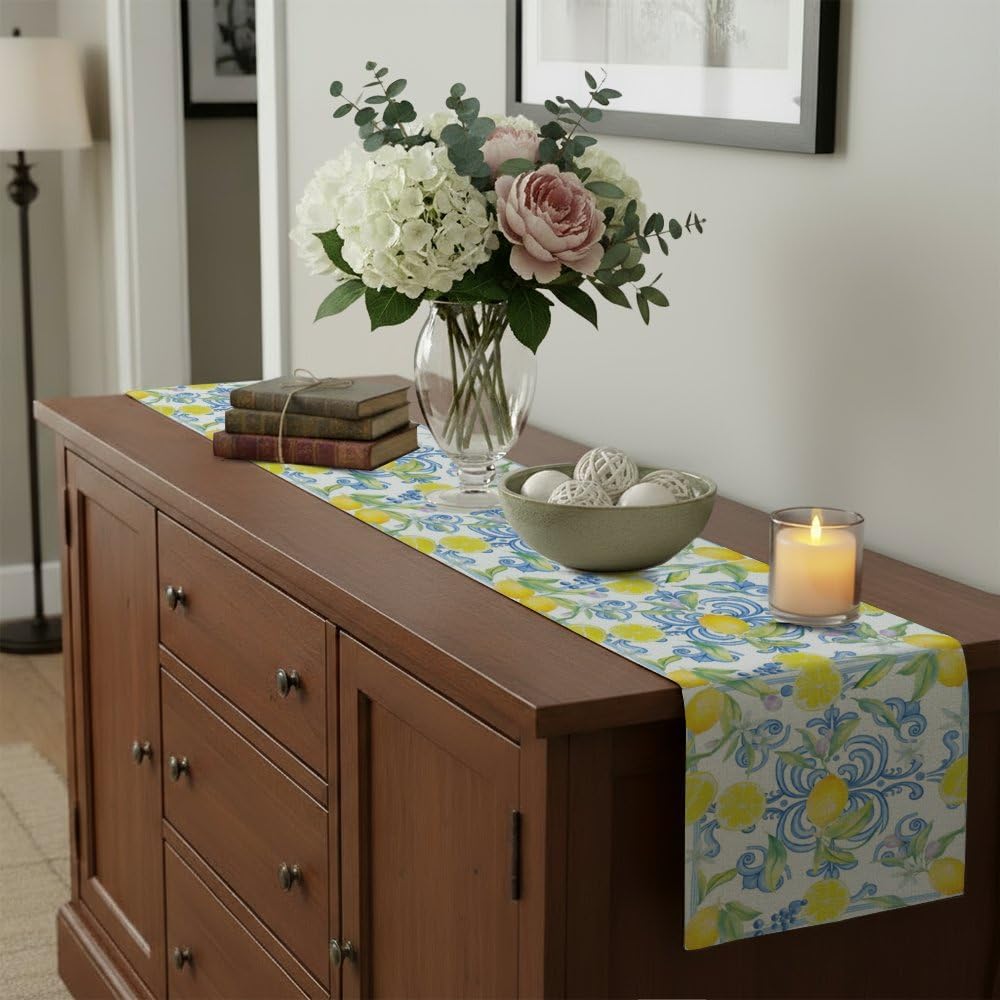 Blue Lemons Flowers Italian Summer Table Runner Dresser Scarves and Runners Short Table Runners Spring Decorations Spring Theme Kitchen Decor for Home Party Decor 70 × 13 inch