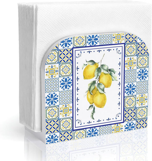 Blue and Yellow Lemon Wood Napkin Holder, Italian Lemon Mediterranean Tiles Wooden Standing Napkin Dispenser for Table Home Kitchen Dining Room Party Cafe Bar Decorations