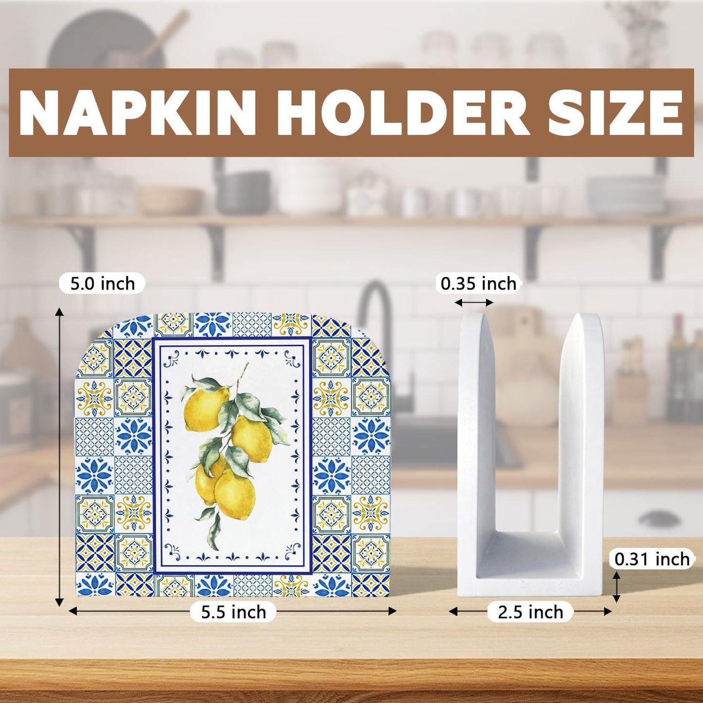 Blue and Yellow Lemon Wood Napkin Holder, Italian Lemon Mediterranean Tiles Wooden Standing Napkin Dispenser for Table Home Kitchen Dining Room Party Cafe Bar Decorations