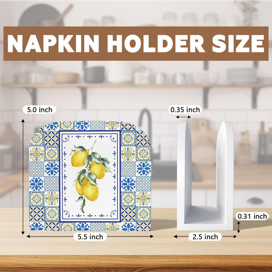 Blue and Yellow Lemon Wood Napkin Holder, Italian Lemon Mediterranean Tiles Wooden Standing Napkin Dispenser for Table Home Kitchen Dining Room Party Cafe Bar Decorations