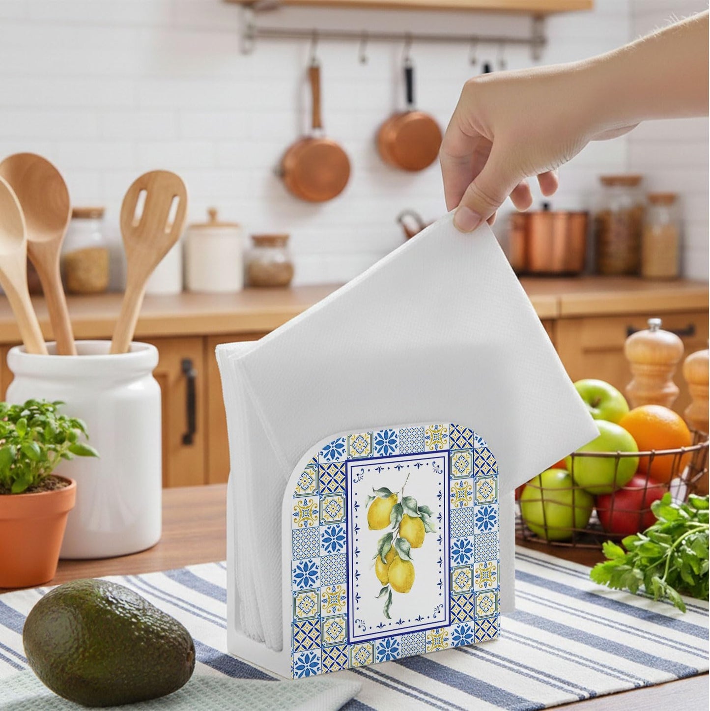 Blue and Yellow Lemon Wood Napkin Holder, Italian Lemon Mediterranean Tiles Wooden Standing Napkin Dispenser for Table Home Kitchen Dining Room Party Cafe Bar Decorations