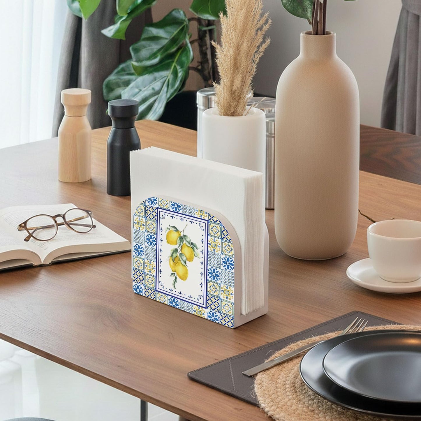 Blue and Yellow Lemon Wood Napkin Holder, Italian Lemon Mediterranean Tiles Wooden Standing Napkin Dispenser for Table Home Kitchen Dining Room Party Cafe Bar Decorations
