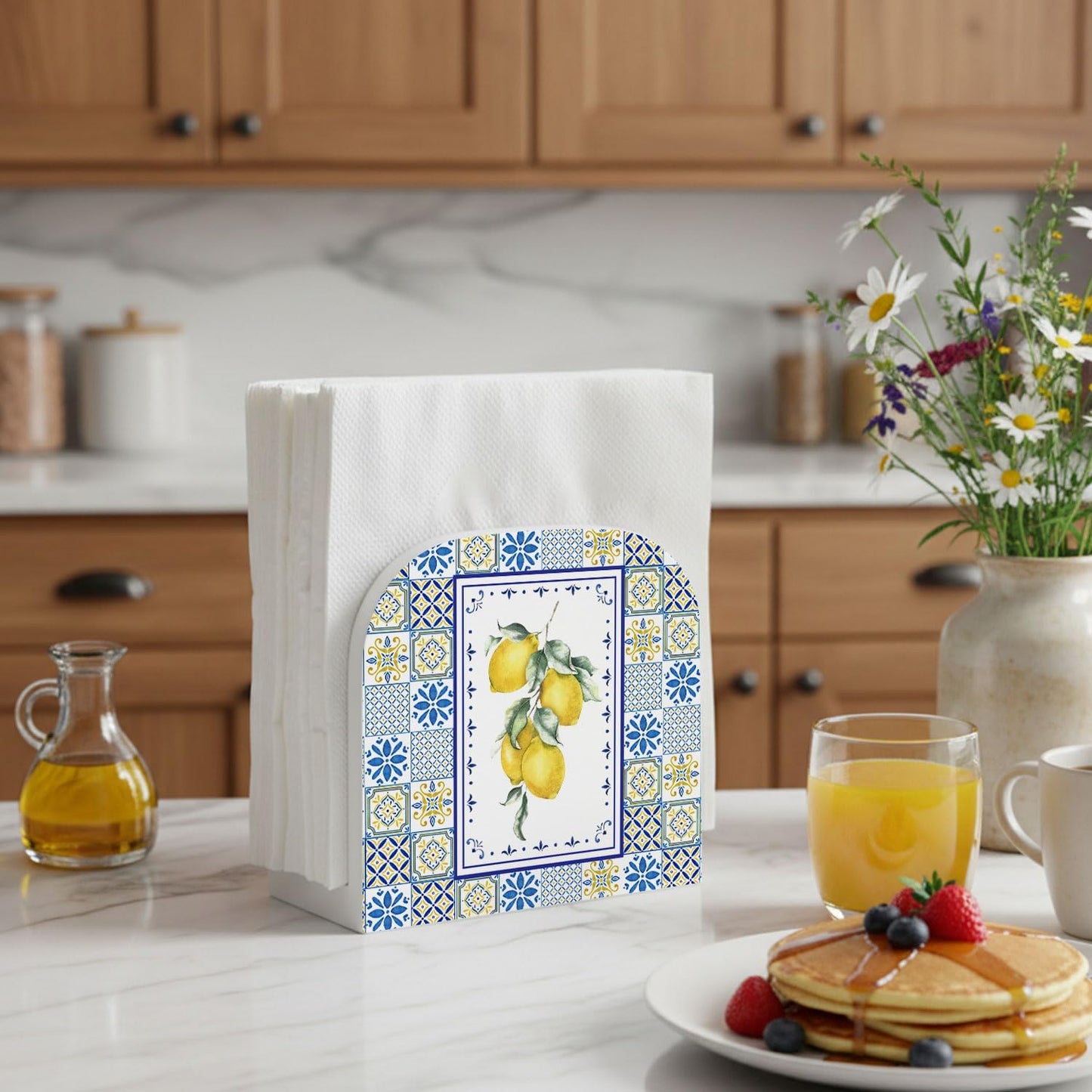 Blue and Yellow Lemon Wood Napkin Holder, Italian Lemon Mediterranean Tiles Wooden Standing Napkin Dispenser for Table Home Kitchen Dining Room Party Cafe Bar Decorations