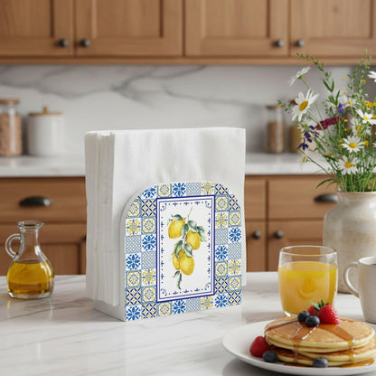 Blue and Yellow Lemon Wood Napkin Holder, Italian Lemon Mediterranean Tiles Wooden Standing Napkin Dispenser for Table Home Kitchen Dining Room Party Cafe Bar Decorations