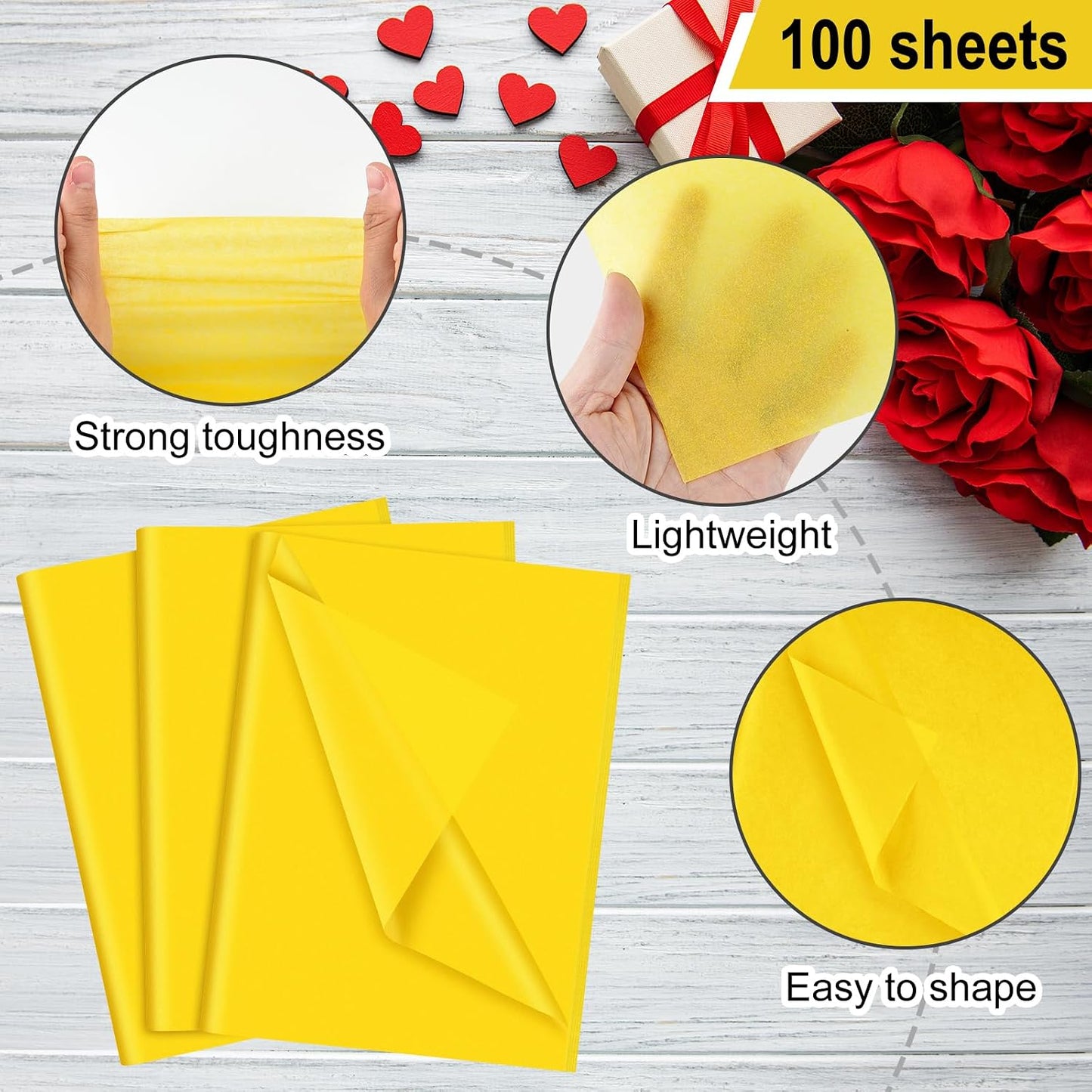 100 Sheets Yellow Wrapping Tissue Paper Gift Bag Decorative | 20x14 Inches, Art Paper for DIY Crafts, Birthday, Wedding, Party Decor