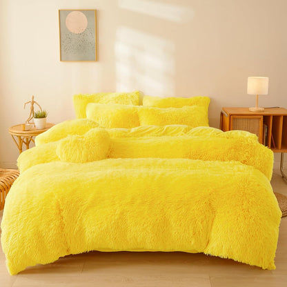 Yellow Plush Fluffy Comforter Cover Set Queen - Ultra Soft Faux Fur Bedding Sets 3 Pieces (1 Shaggy Duvet Cover + 2 Pillow case) Fuzzy Bed Set (Yellow, Queen)