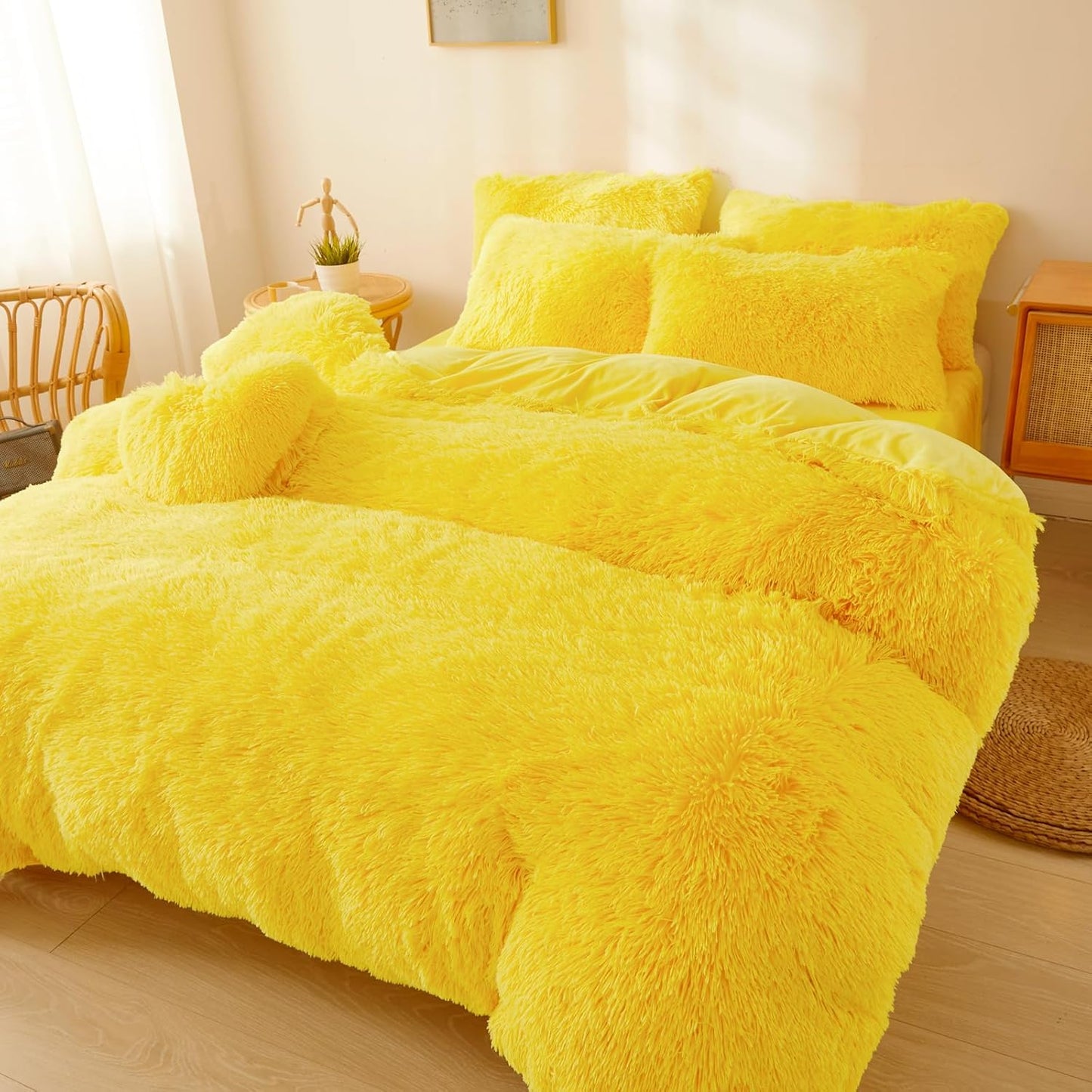 Yellow Plush Fluffy Comforter Cover Set Queen - Ultra Soft Faux Fur Bedding Sets 3 Pieces (1 Shaggy Duvet Cover + 2 Pillow case) Fuzzy Bed Set (Yellow, Queen)