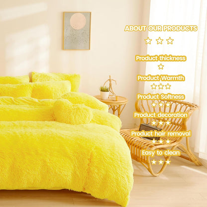 Yellow Plush Fluffy Comforter Cover Set Queen - Ultra Soft Faux Fur Bedding Sets 3 Pieces (1 Shaggy Duvet Cover + 2 Pillow case) Fuzzy Bed Set (Yellow, Queen)