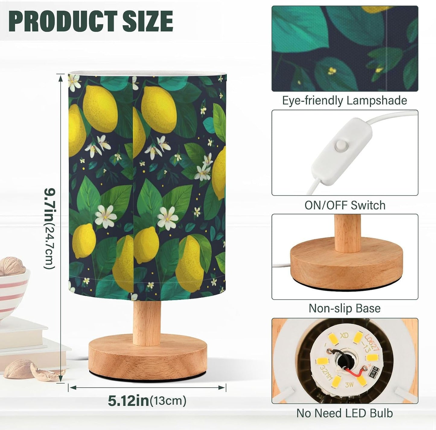 Bedside Table Lamp Lemon Yellow Citrus Fruits (114) Kids Nightstand Lamp Night Light Fabric Shade for Bedroom Living Room Home Office