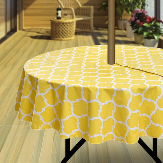 Vinyl Square Tablecloth with Zipper and Umbrella Hole, Outdoor Oil Waterproof PVC Table Cover for Patio 60 Inch Round, Yellow Moroccan, 60" Round-Zippered