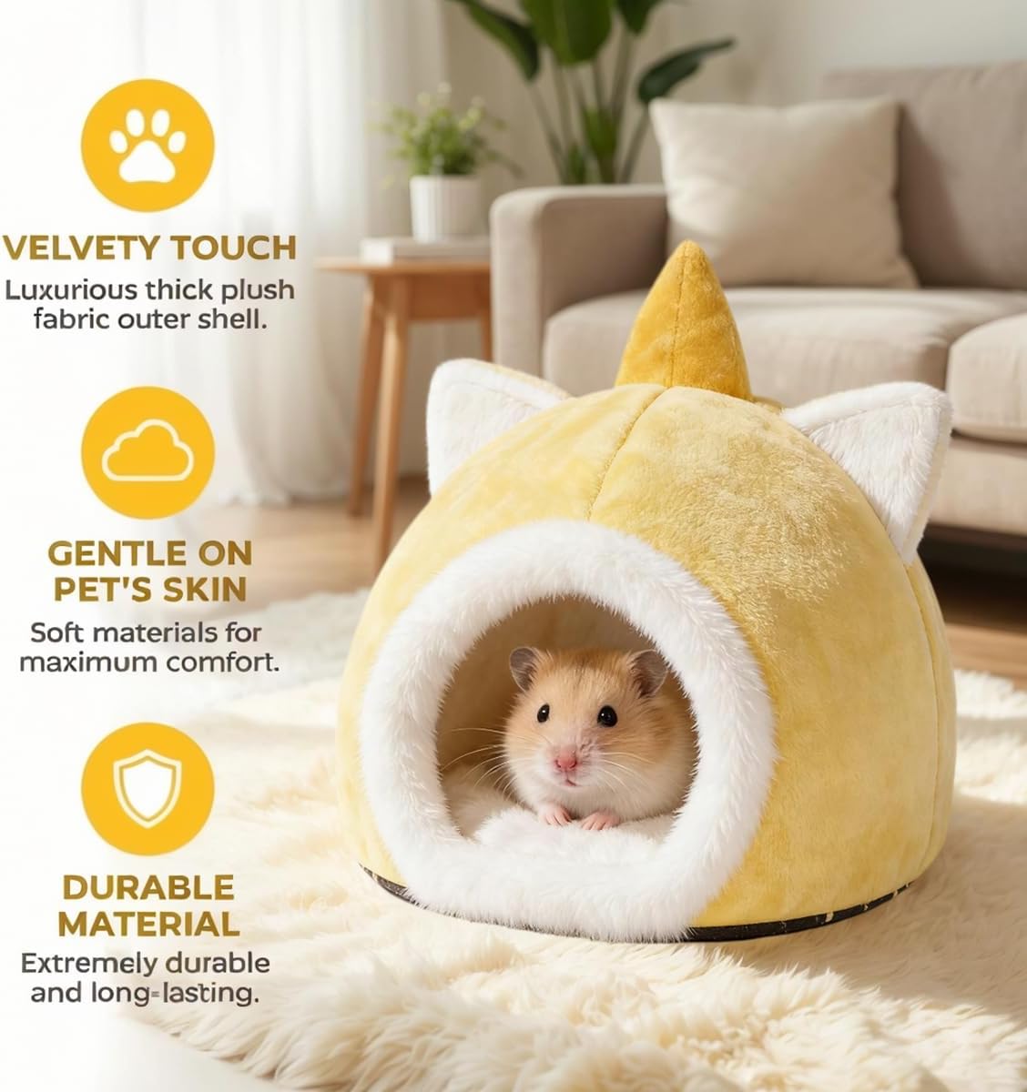 Dome-Shaped Hamster Bed Guinea Pig Fleece-Lined Hideout Non-Collapsing Nest for Ferret Hedgehog Sugar Glider Birds (Yellow,Small)