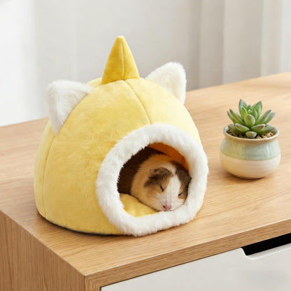 Dome-Shaped Hamster Bed Guinea Pig Fleece-Lined Hideout Non-Collapsing Nest for Ferret Hedgehog Sugar Glider Birds (Yellow,Small)