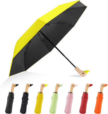 Cute Duck Umbrella, Windproof Compact Travel Umbrella, Sturdy & Collapsible, Original Wooden Handle, Portable for Rain & Sun, Suit for Women & College Students