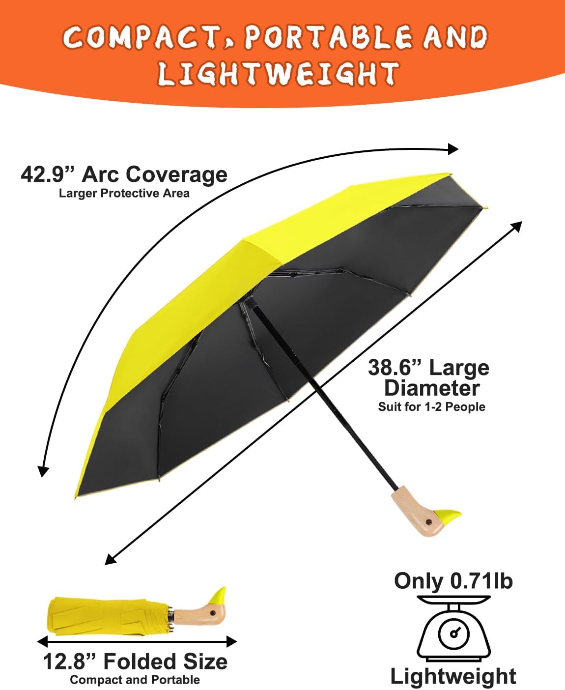 Cute Duck Umbrella, Windproof Compact Travel Umbrella, Sturdy & Collapsible, Original Wooden Handle, Portable for Rain & Sun, Suit for Women & College Students