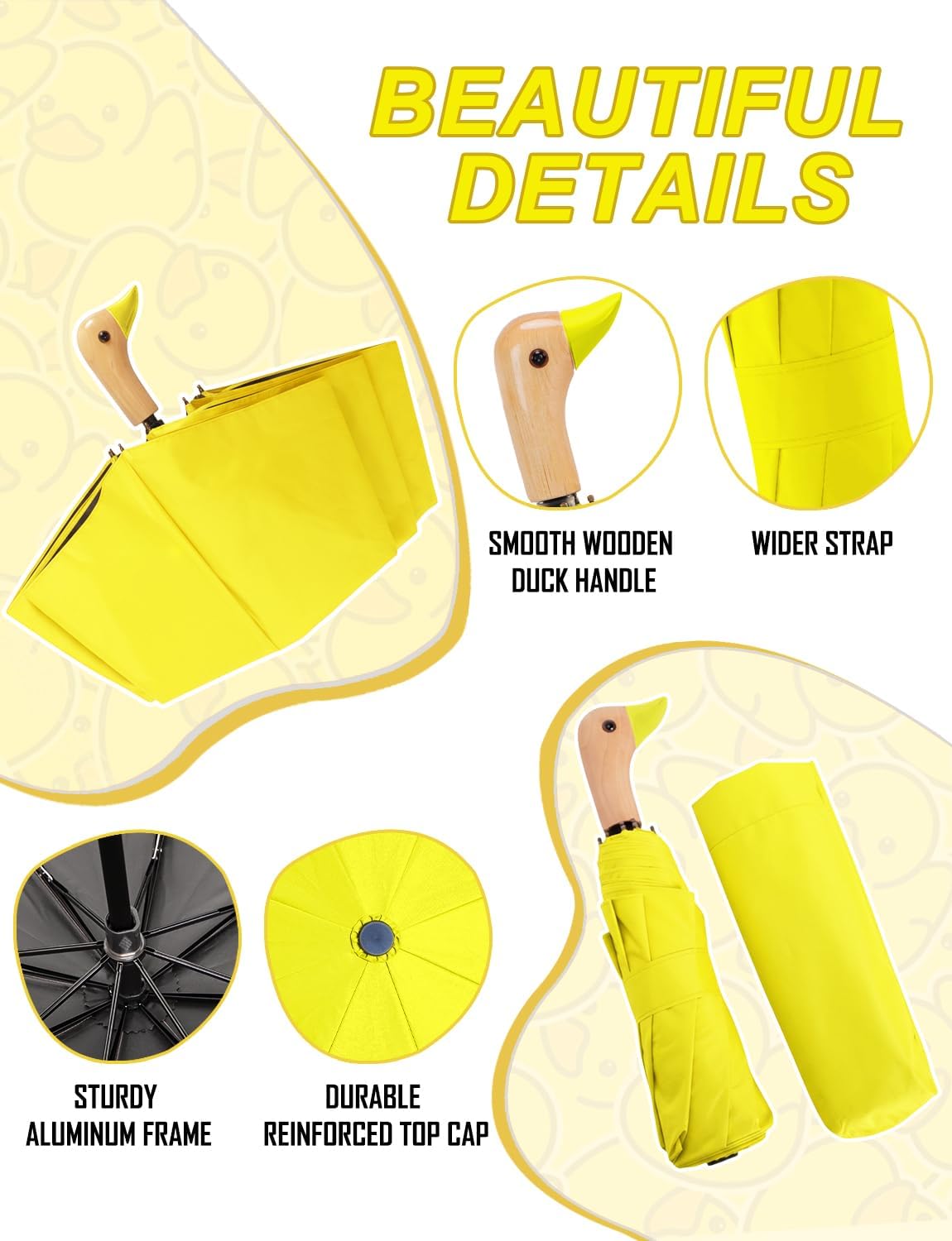 Cute Duck Umbrella, Windproof Compact Travel Umbrella, Sturdy & Collapsible, Original Wooden Handle, Portable for Rain & Sun, Suit for Women & College Students