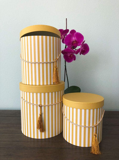 Premium Quality Round Flower Box, Gift Boxes for Luxury Flower and Gift Arrangements, Set of 3 pcs, with Lids, Size (S/M/L) (Yellow Stripes)