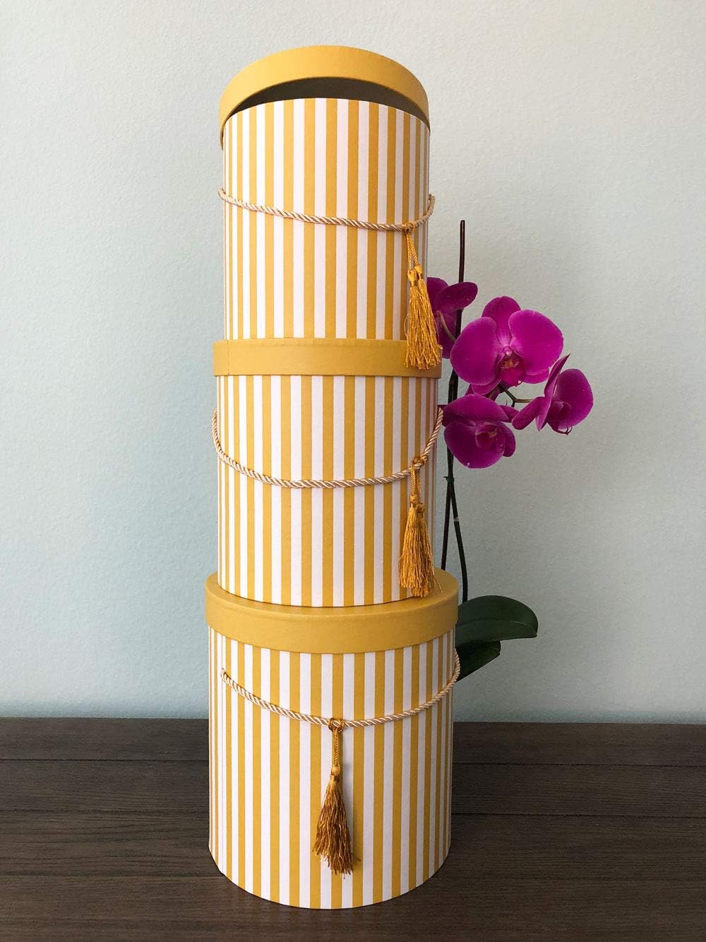 Premium Quality Round Flower Box, Gift Boxes for Luxury Flower and Gift Arrangements, Set of 3 pcs, with Lids, Size (S/M/L) (Yellow Stripes)