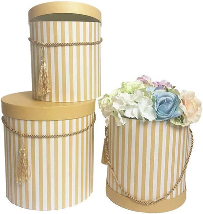 Premium Quality Round Flower Box, Gift Boxes for Luxury Flower and Gift Arrangements, Set of 3 pcs, with Lids, Size (S/M/L) (Yellow Stripes)