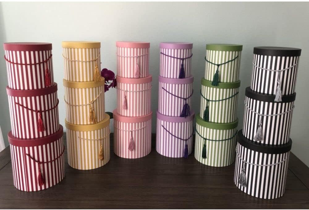 Premium Quality Round Flower Box, Gift Boxes for Luxury Flower and Gift Arrangements, Set of 3 pcs, with Lids, Size (S/M/L) (Yellow Stripes)